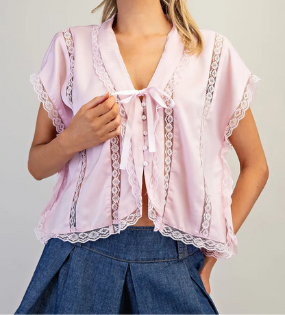 V-Neck Lace Trim Blouse Top