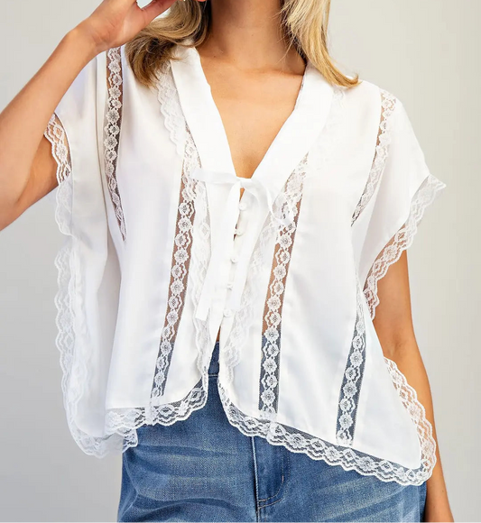 V-Neck Lace Trim Blouse Top