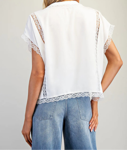V-Neck Lace Trim Blouse Top
