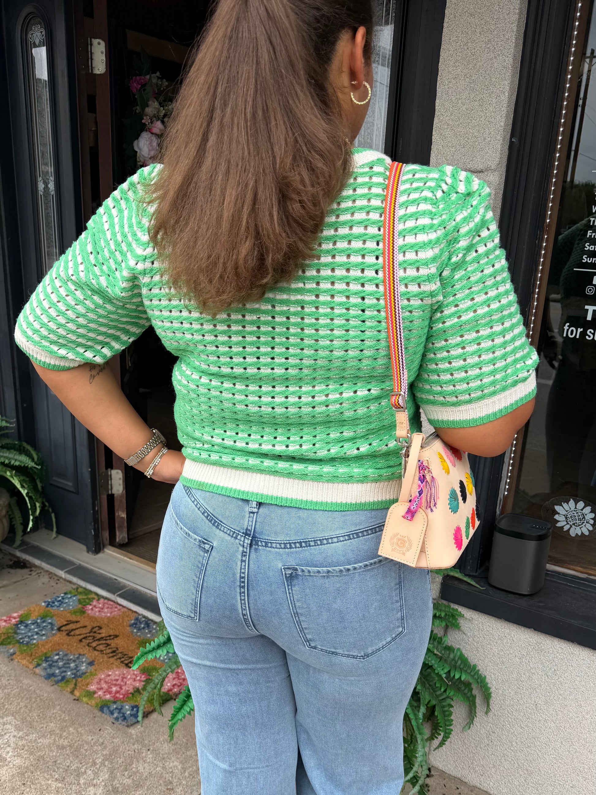 Ivory And Green Short Sleeve Knit Top - Brazos Avenue Market 