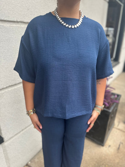 Navy Tie Back Short Sleeve Top - Brazos Avenue Market 