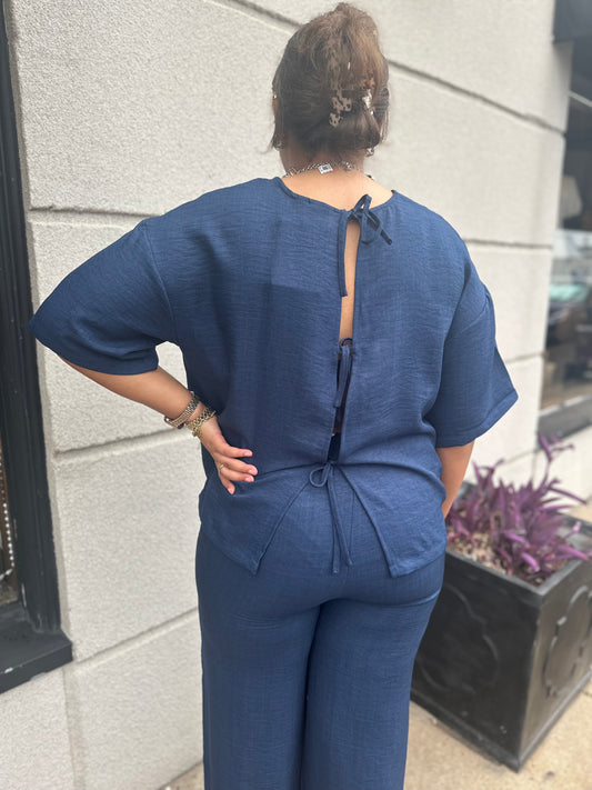 Navy Tie Back Short Sleeve Top - Brazos Avenue Market 