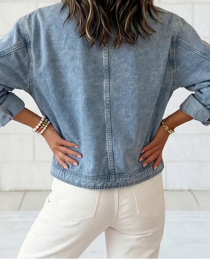 Studded Metal Zipper Rivet Pockets Long Sleeve Denim Jacket