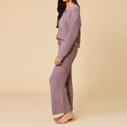 Marshmallow Waffle V-Neck Lounge Set - Brazos Avenue Market 