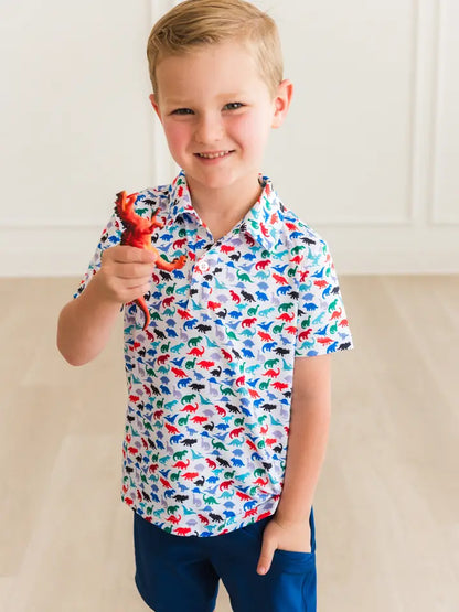 Boys Dino Roar Knit Short Sleeve Performance Polo - Brazos Avenue Market 