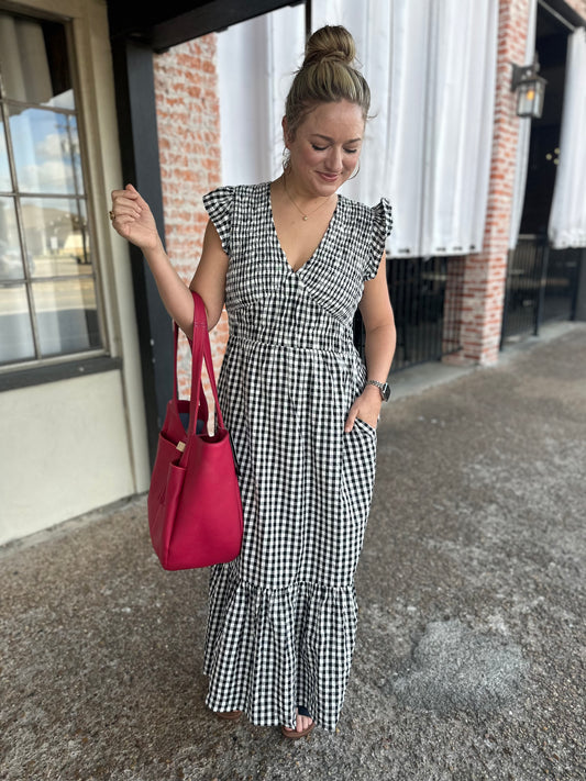 Black & White Gingham Midi Dress - Brazos Avenue Market 