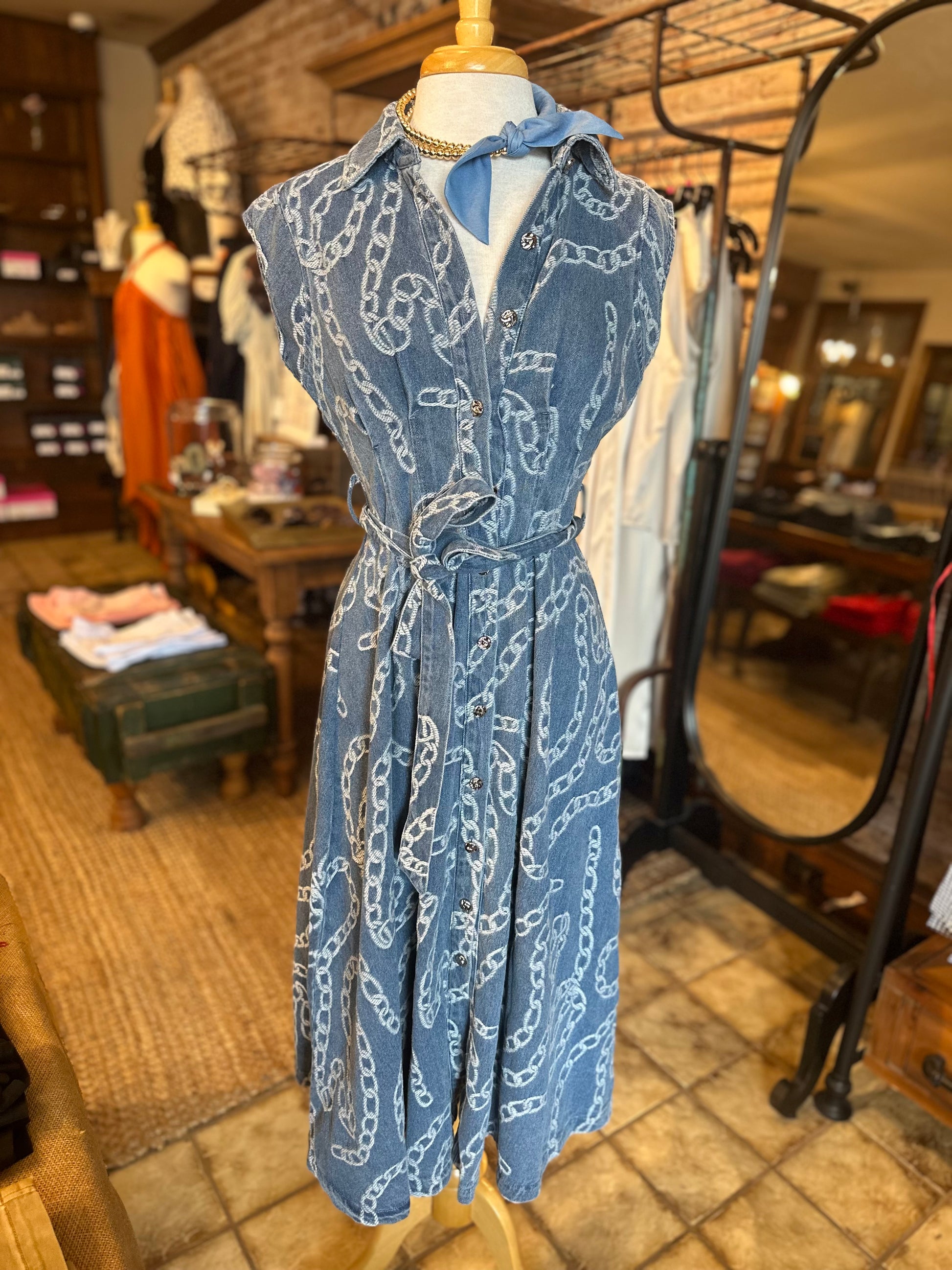 Printed Denim Midi Dress XS