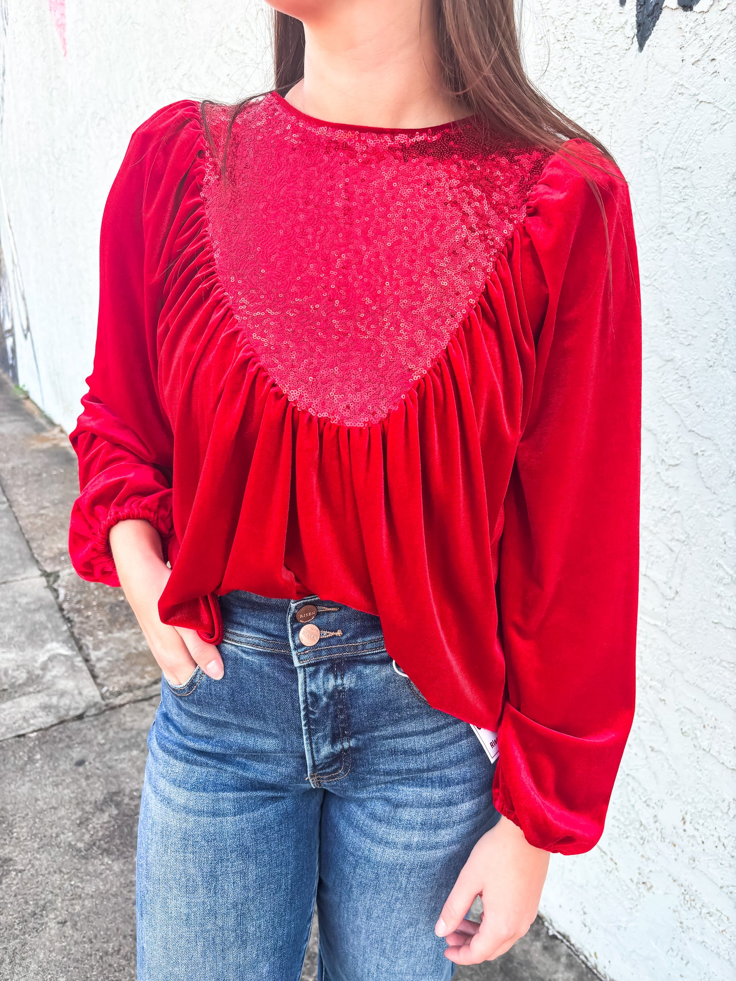 Holiday Velvet Red Sequin Top - Brazos Avenue Market 