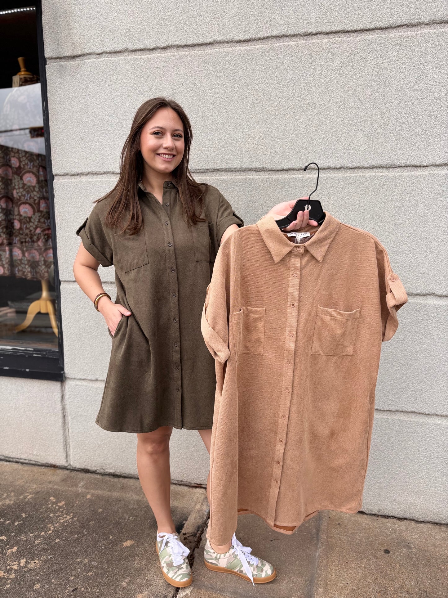 Button Up Suede Shirt Dress