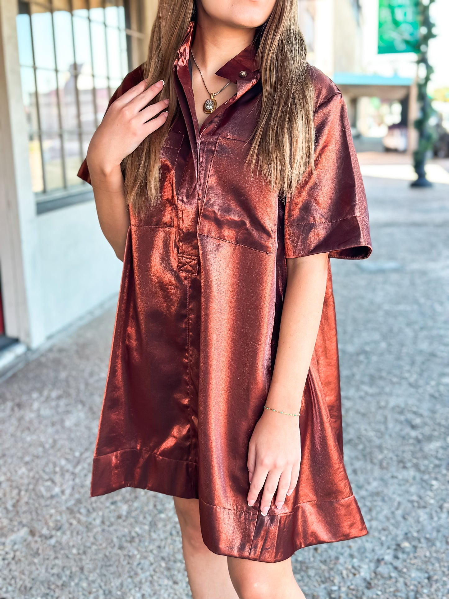 Metallic Brown Mini Dress - Brazos Avenue Market 