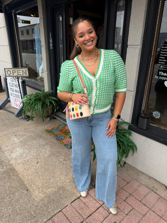 Ivory And Green Short Sleeve Knit Top - Brazos Avenue Market 
