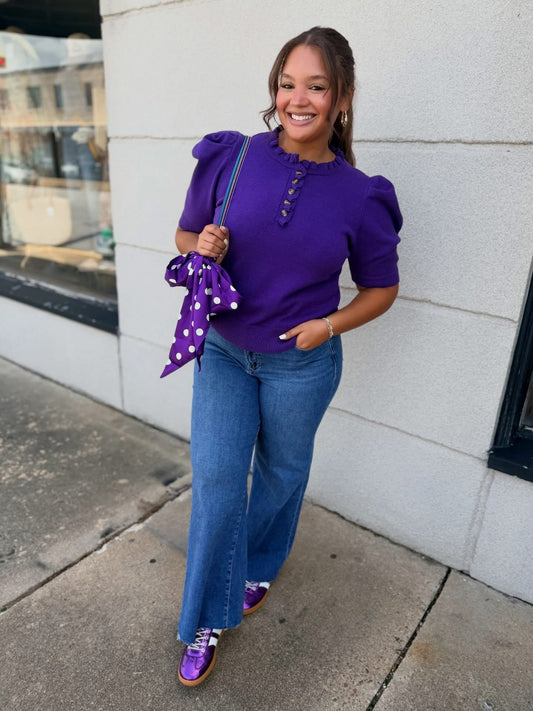 Purple Short Sleeve Sweater With Ruffle Neck