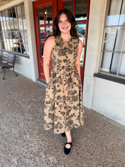 Camel Floral Print Midi Dress With Belt