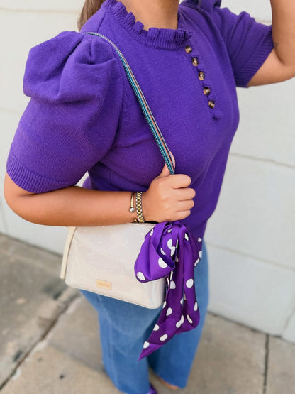 Purple Short Sleeve Sweater With Ruffle Neck