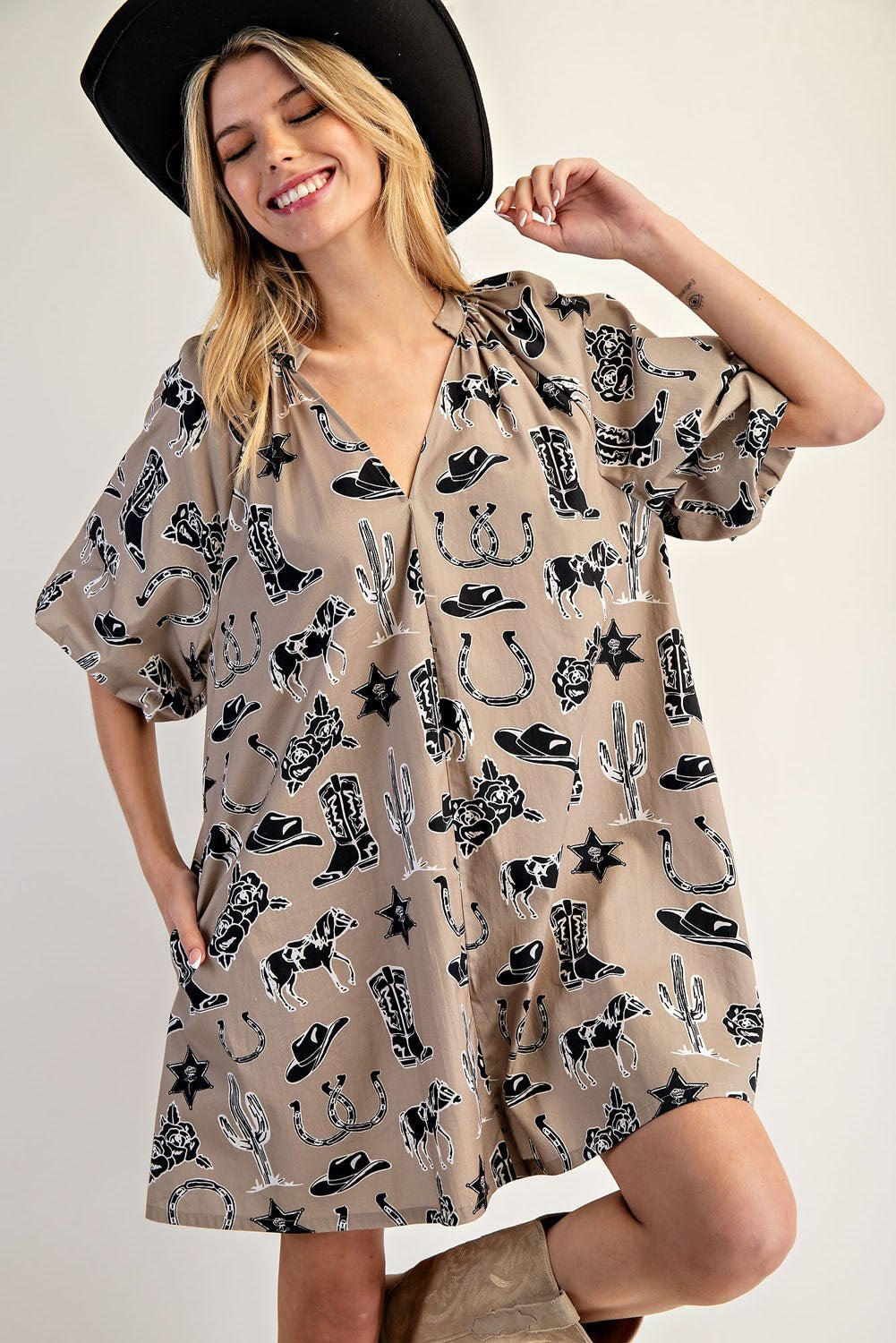 Western Notched Neck Mini Dress - Brazos Avenue Market 