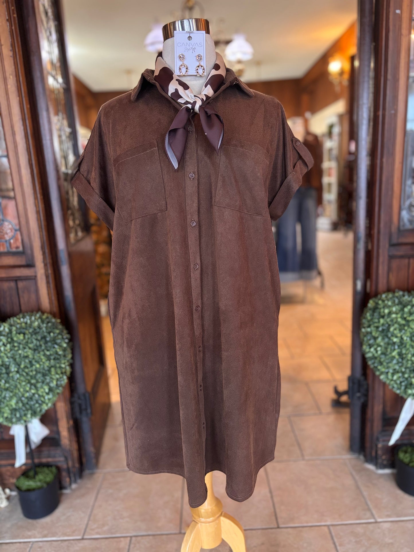 Plus Size Button Up Suede Shirt Dress