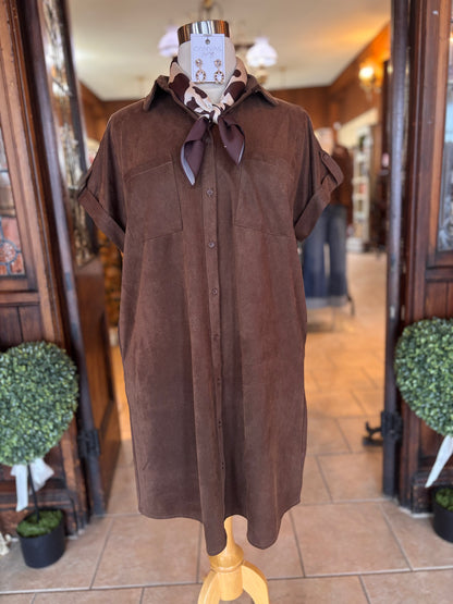 Plus Size Button Up Suede Shirt Dress