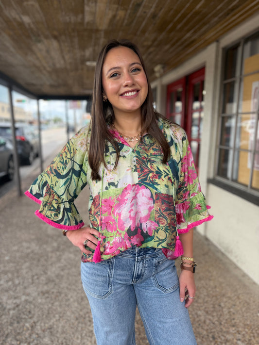 Tassel Front Fringe Sleeve Floral Top