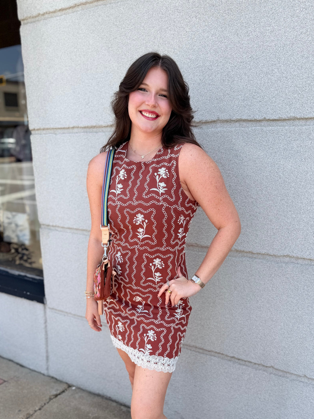 Brown Mini Dress With Embroidery
