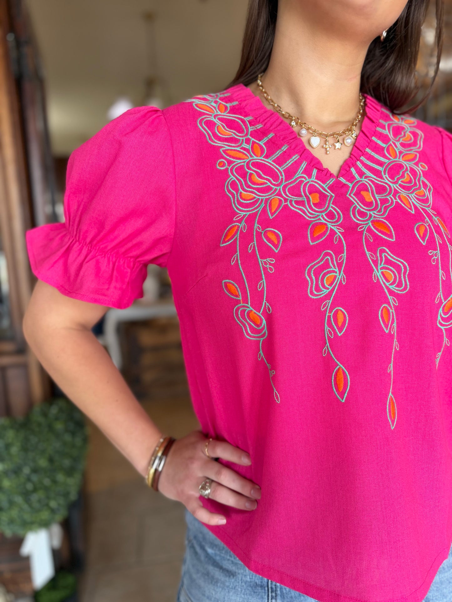 Pink Ruffle Floral Embroidered Top