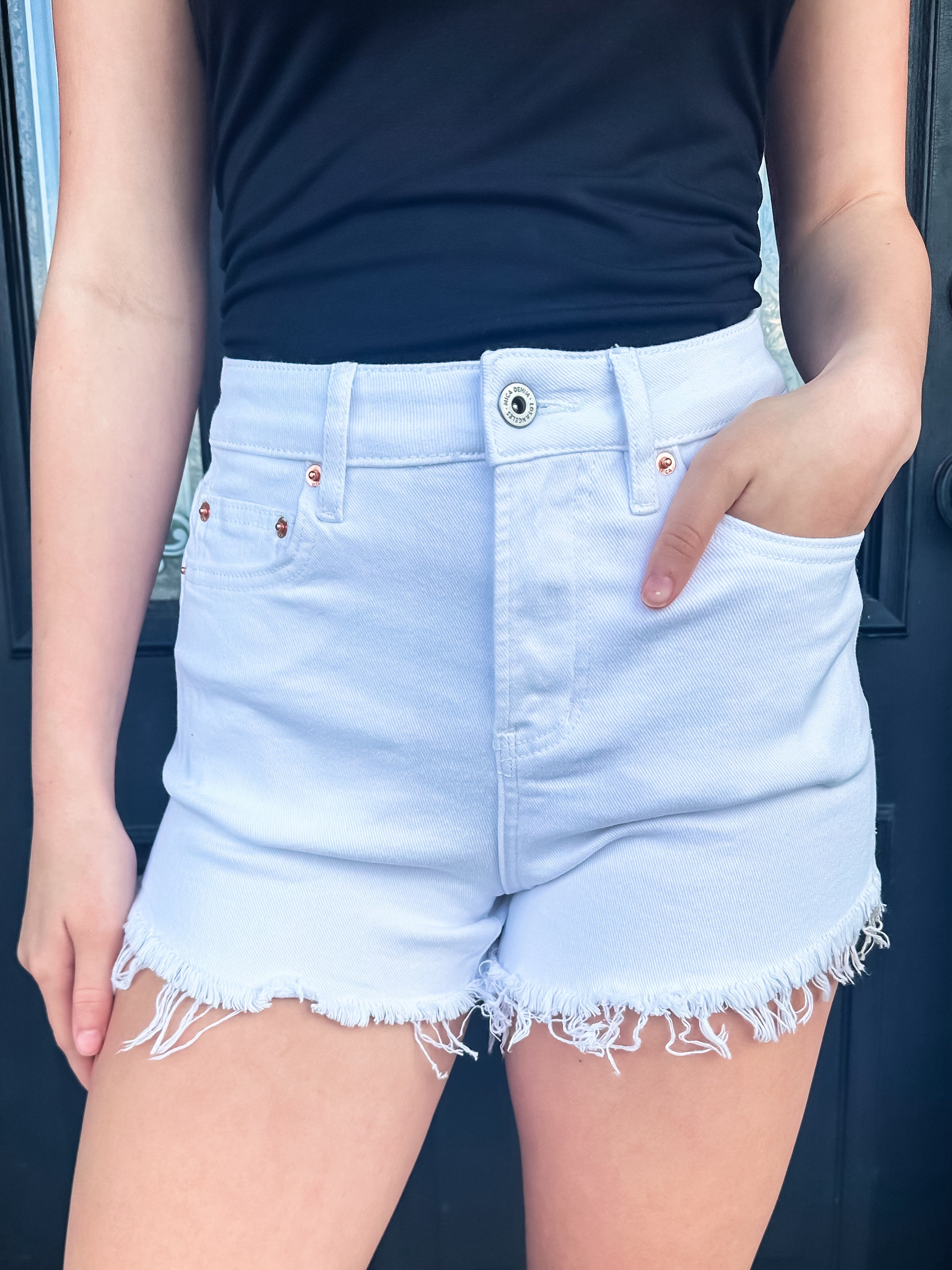 Mica Denim Super High Vintage Shorts With Raw Hem - Brazos Avenue Market 