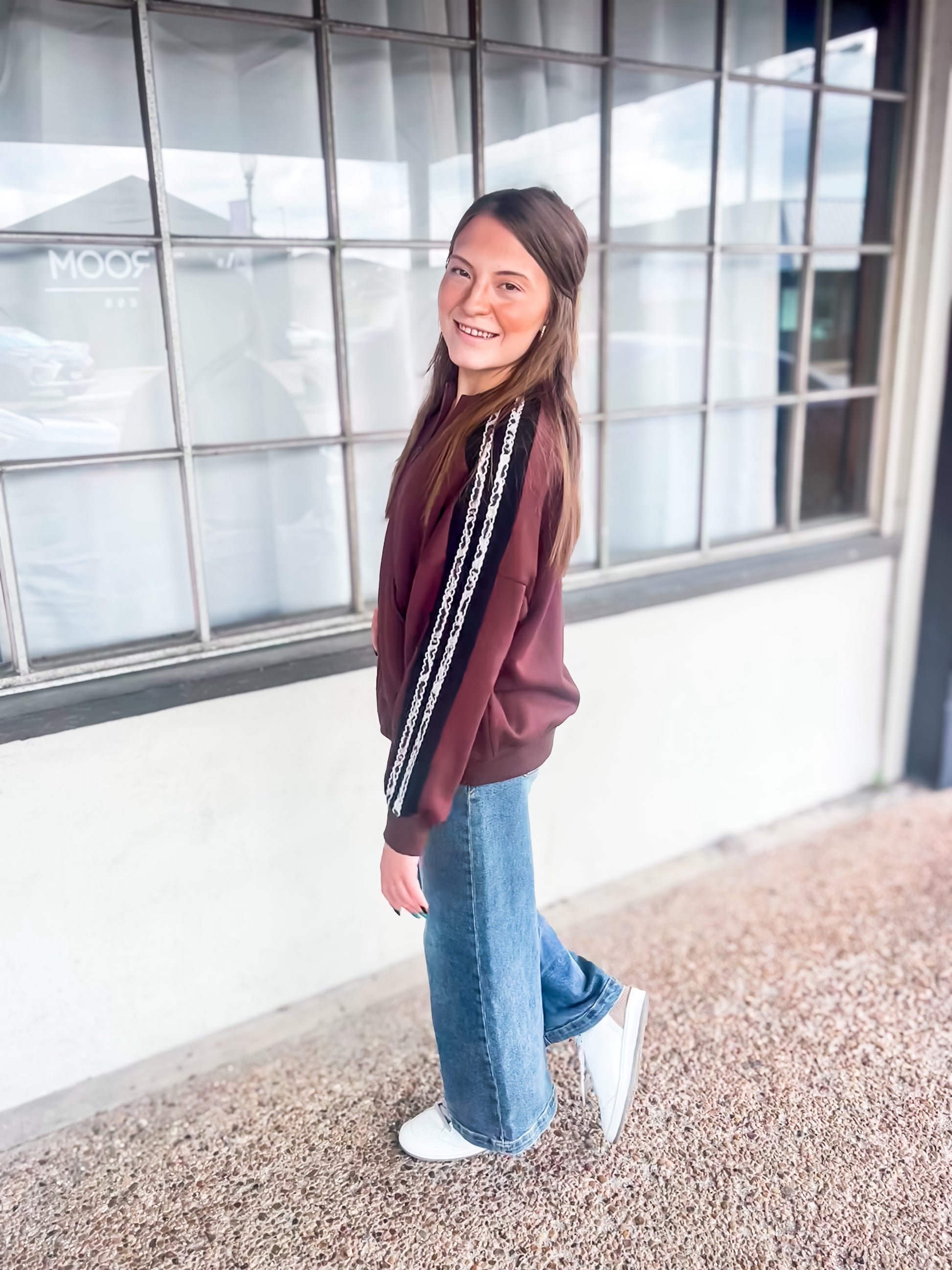 Jacket with Contrast Striped Sleeves - Brazos Avenue Market 