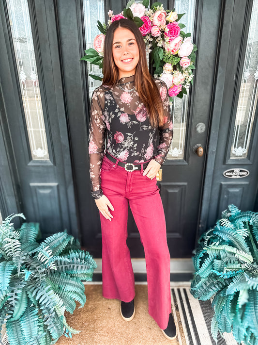 Flower Printed Mesh Lace Top - Brazos Avenue Market 