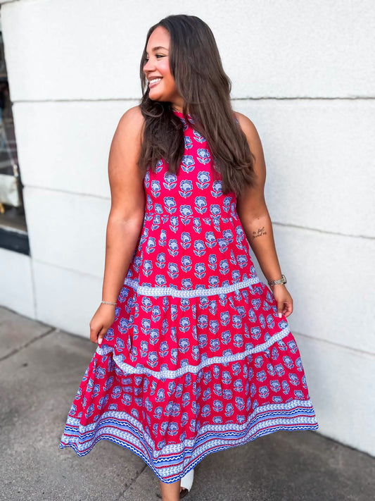 Floral Tiered Sleeveless Round Neck Midi Dress