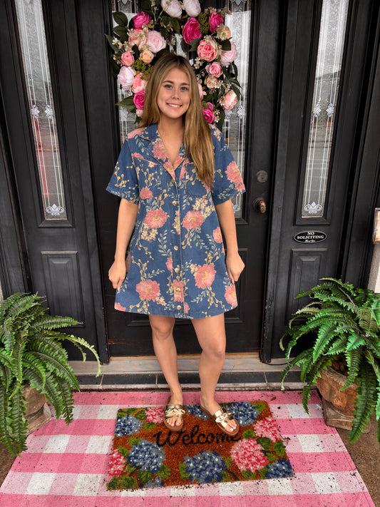 Denim Mini Dress With Floral Print