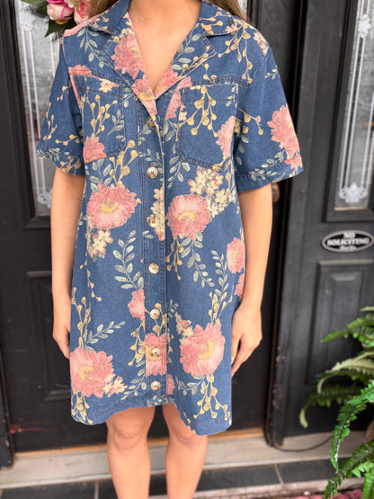 Denim Mini Dress With Floral Print