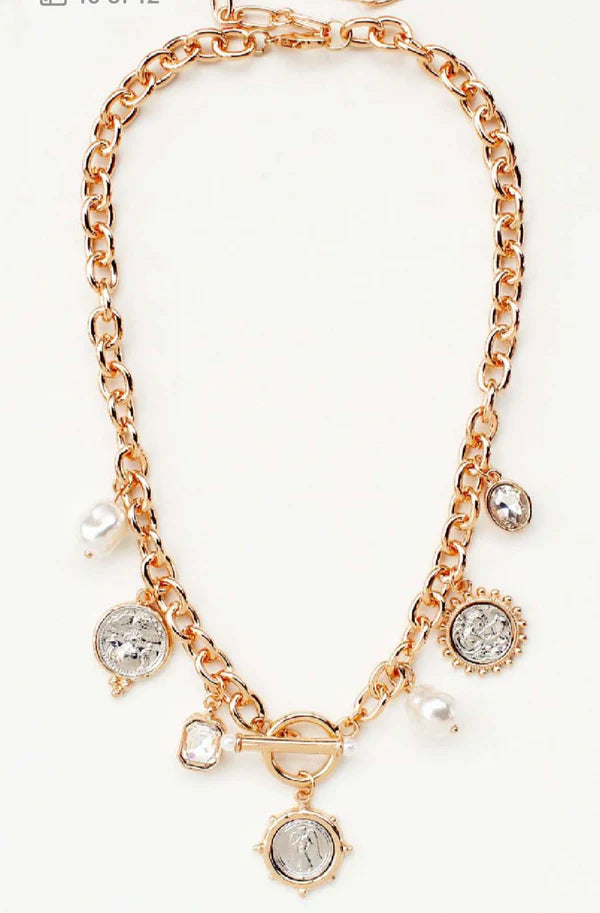 Gold Thick Chain with Pearl and Coin Charms 16"-18" Necklace - Brazos Avenue Market 
