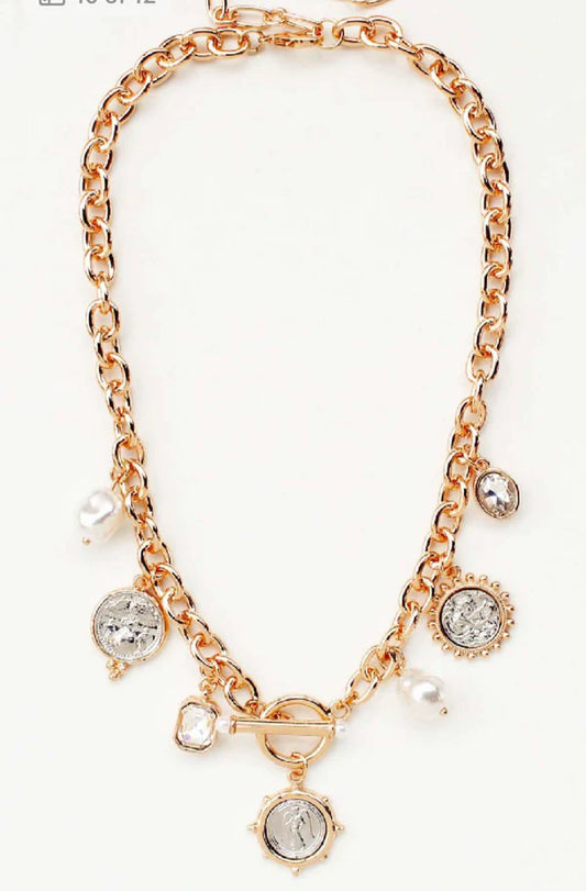Gold Thick Chain with Pearl and Coin Charms 16"-18" Necklace - Brazos Avenue Market 