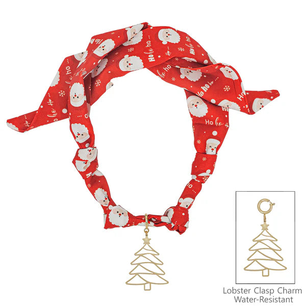 Christmas Santa Printed Silk Knotted Scarf Necklace with Gold Christmas Tree Removable Charm - Brazos Avenue Market 