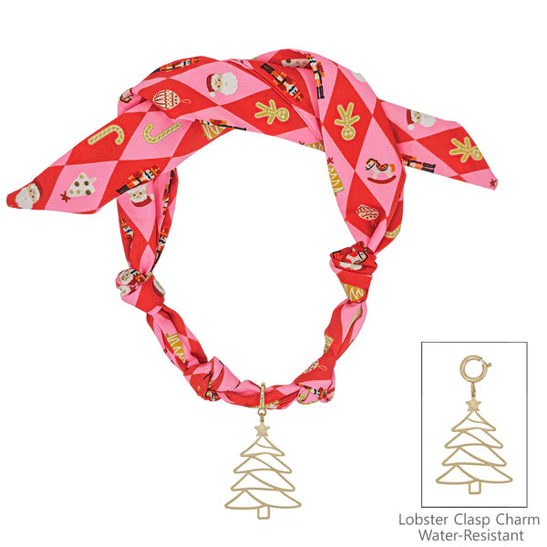 Christmas Printed Silk Knotted Scarf Necklace with Gold Christmas Tree Removable Charm - Brazos Avenue Market 