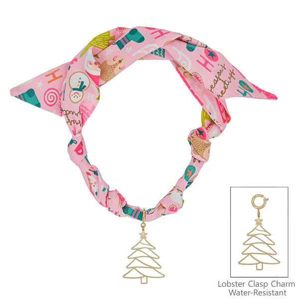 Christmas Printed Silk Knotted Scarf Necklace with Gold Christmas Tree Removable Charm - Brazos Avenue Market 