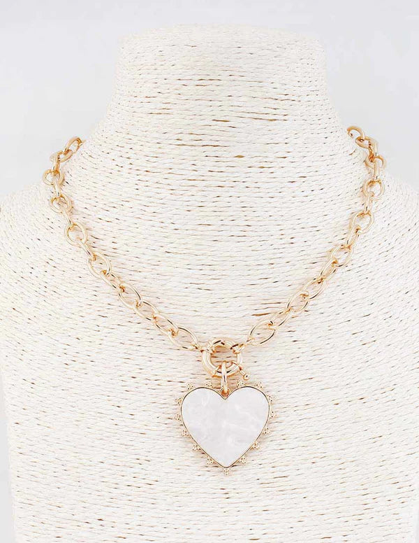 Gold Chain with Studded Pearlized Heart Charm 16"-18" Necklace - Brazos Avenue Market 