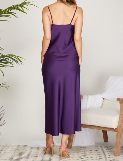 Purple Satin Midi Dress