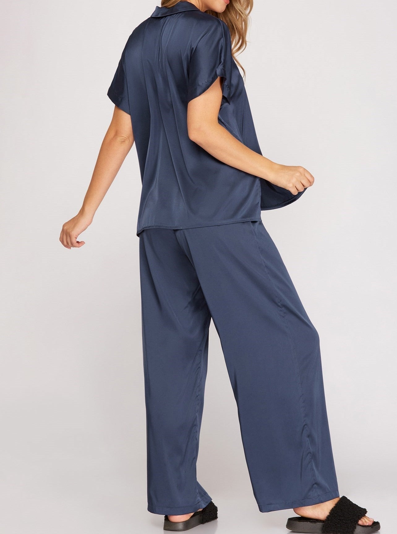Navy Satin Pajama Set