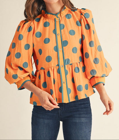 Button Down Polka Dot Peplum Blouse