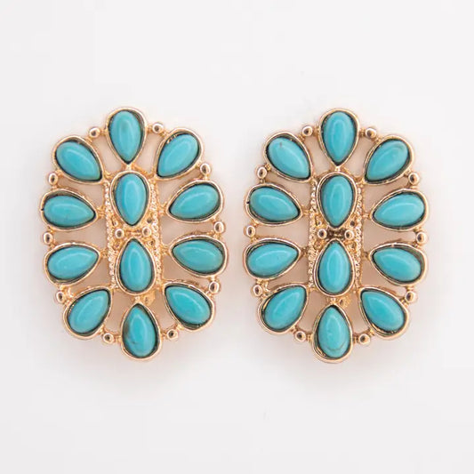 1.25" Turquoise and Gold Oval Cluster Post Earring