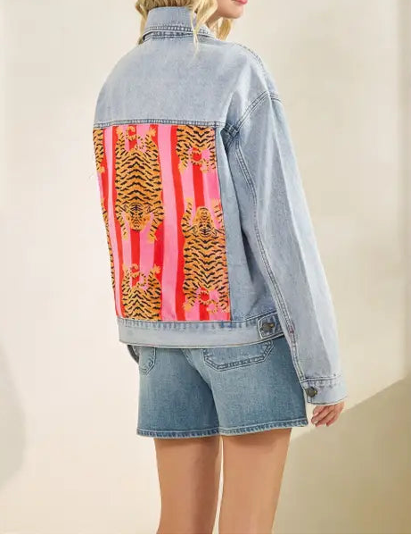 Classic Denim Jacket with Back Tiger Patch Print