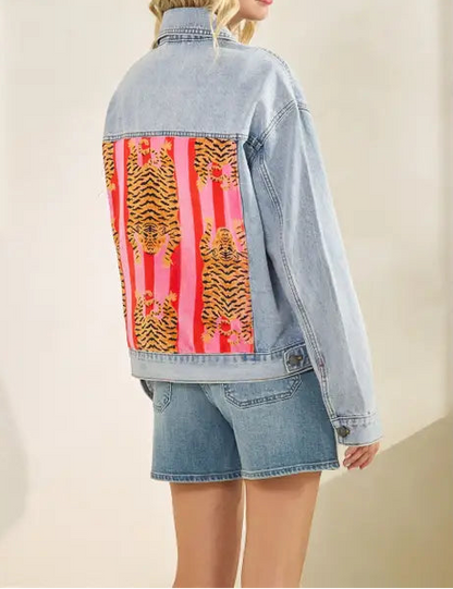 Classic Denim Jacket with Back Tiger Patch Print