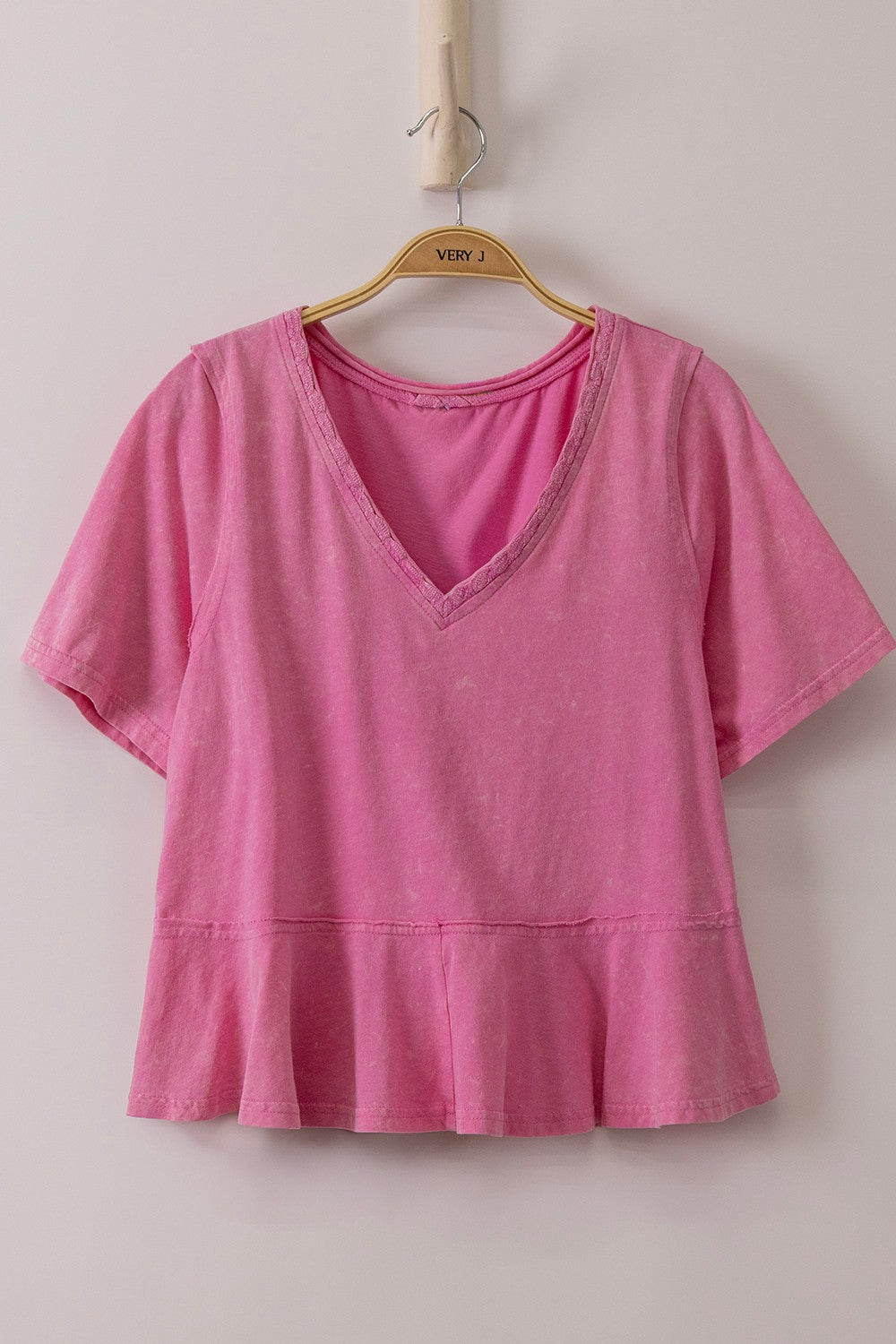 Lace Trim Detail Mineral Washed V-neck Knit Top - Brazos Avenue Market 
