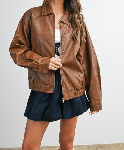 Collared Zip-front Leather Jacket
