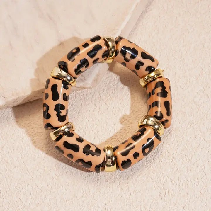 Acrylic Leopard Animal Gold Stretch Cord Bracelet