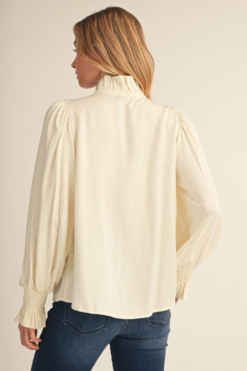 Ruffle & Pleat Detail Bishop Sleeves Satin Blouse