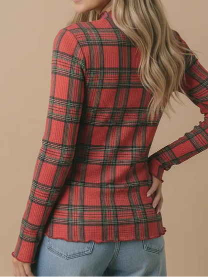 Plaid Mock Neck Frilled Merrow Hem Top