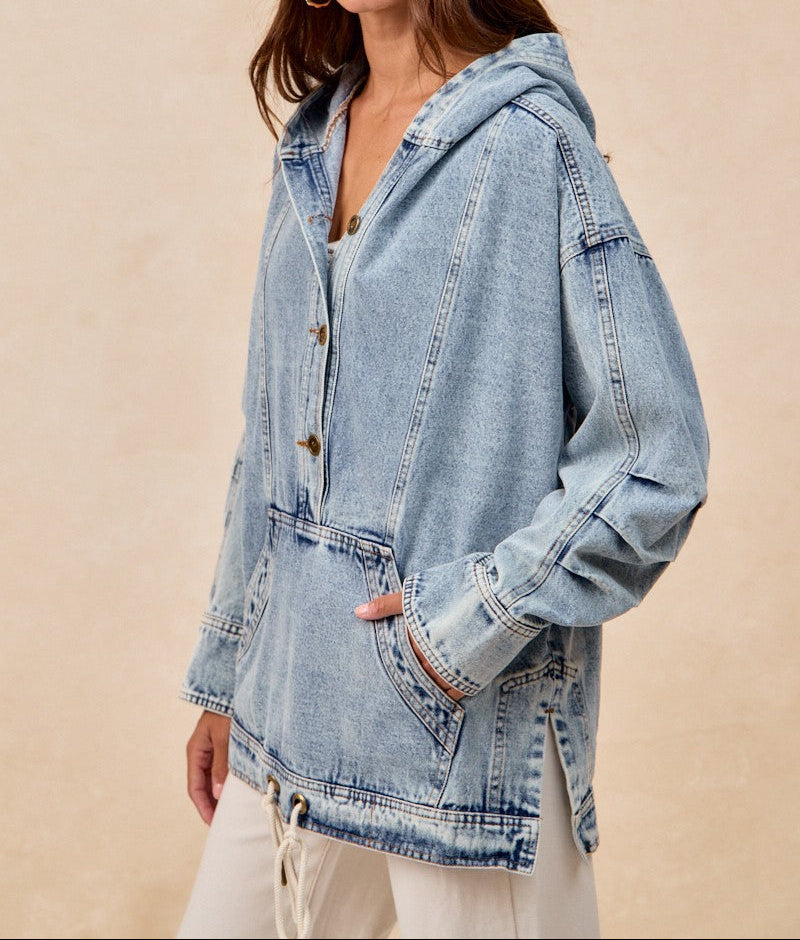 Half Buttoned Washed Denim Hoodie - Brazos Avenue Market 