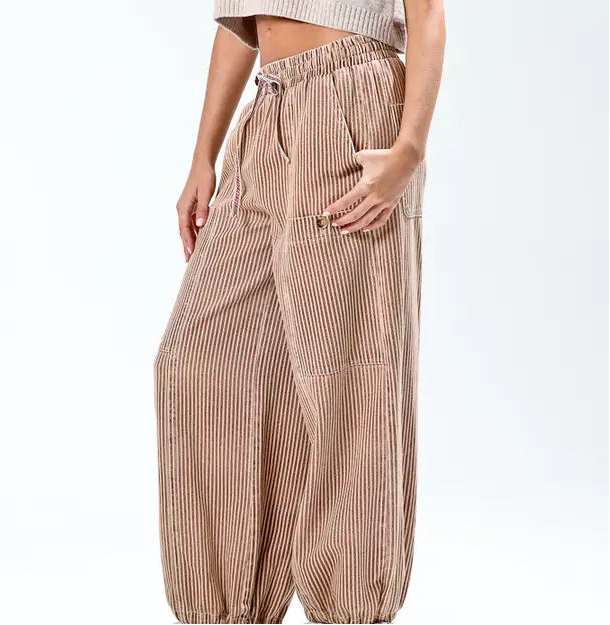 Elastic Waist Vintage Washed Stripe Pants
