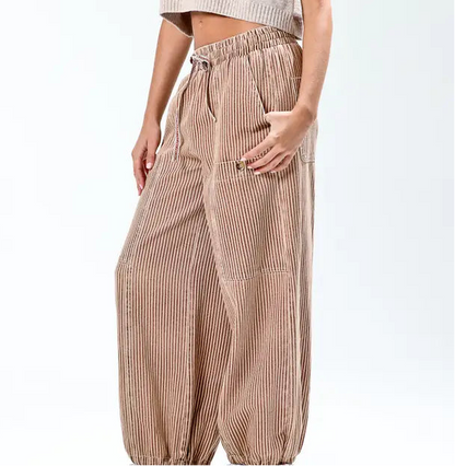 Elastic Waist Vintage Washed Stripe Pants